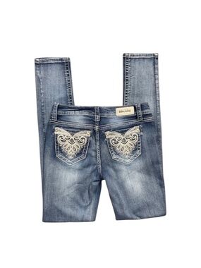 Vintage Bonage Jeans‎ Womens 9 Blue Baroque Lace Rhinestone Pocket Skinny Denim